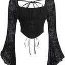 SweatyRocks Women's Goth Grunge Y2K Floral Mesh Bell Sleeve Crop Tops Renaissance Blouses (Black)