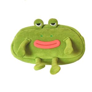 Novelty Funny Calm Down Brown Capybara Big Eyes Seagull Bird Big Mouth Green Frog Soft Stuffed Surface Fluffy Clothes Zipper Pencil Box Pencil Case Pencil Storage Holder Pouch Pen Bag -Frog