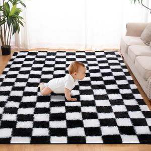 Super Soft Rug for Bedroom, 5x7 Ft Black and White Area Rug Classic Checkered Shaggy Anti-Skid High Pile Soft Fluffy Rug Fuzzy Carpet for Living Room Bedroom Kids Room Nursery, Dorm Home Decor, Black and White