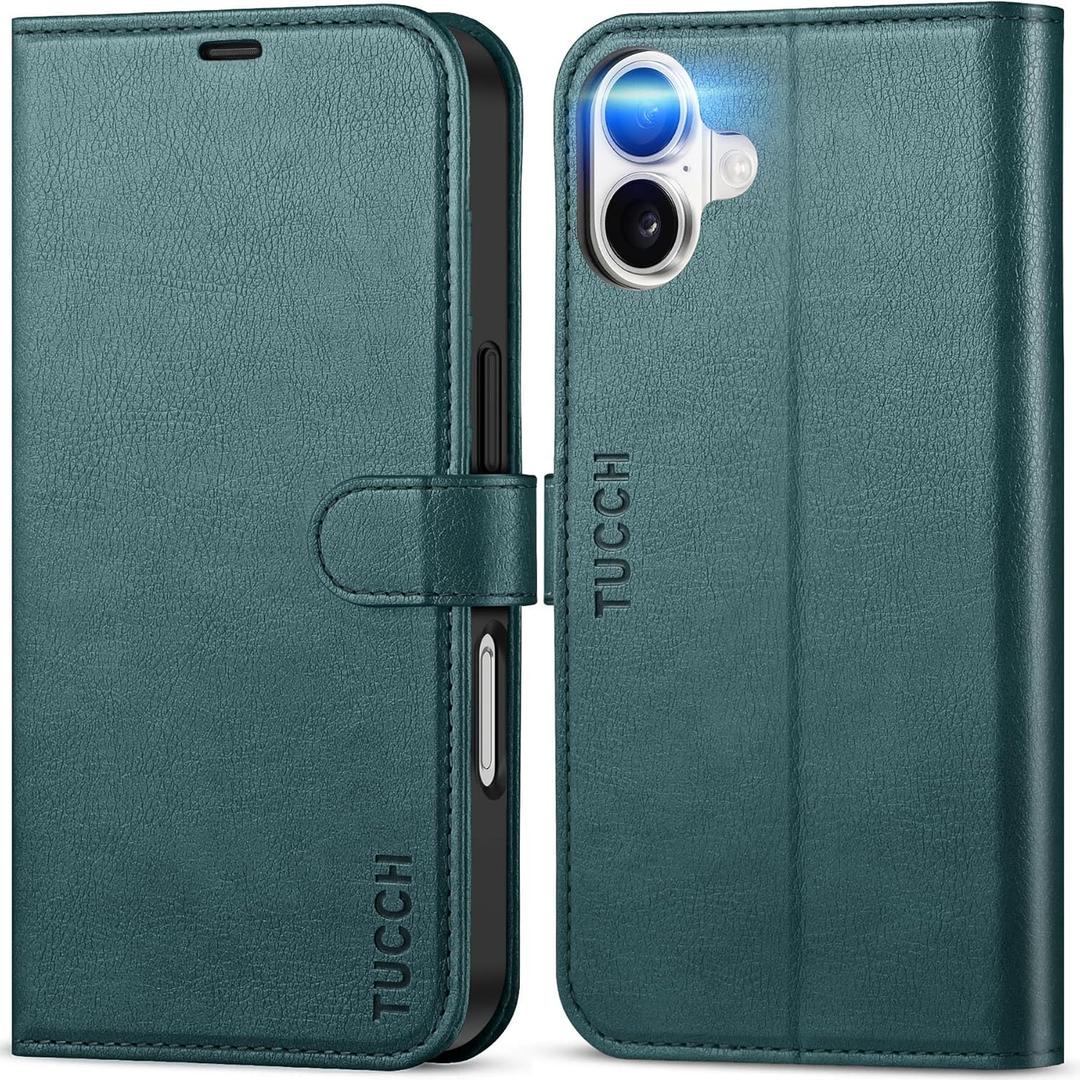 TUCCH Wallet Folio Case for iPhone 16, Compatible with iPhone 16 5G 2024, Teal Blue | Magnetic, PU Leather, Kickstand, Flip Cover, 4 Card Slot, Shockproof, TPU Interior Shell, RFID Blocking