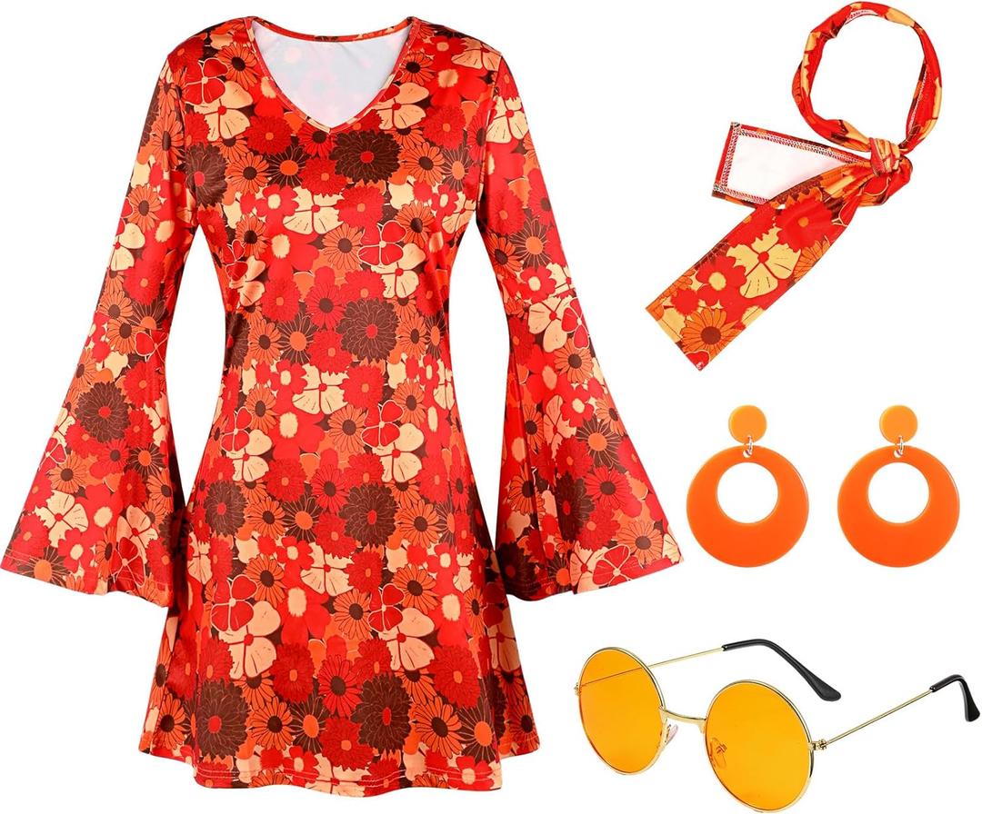 Hercicy 4 Pcs 70s Disco Dress Women 70s Hippie Costume Accessories Christmas Dress Headband Earrings Sunglass Cosplay Party (Medium)