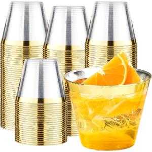 RACETOP 100 Pack 9 oz Gold Plastic Cups Tumbler, Disposable Cups with Gold Rim for Party, Heavy-duty Clear Plastic Wine Glasses, Disposable Wedding Cups