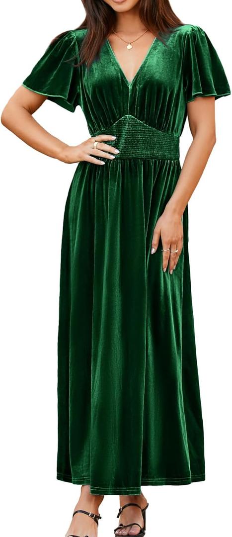 Simplee Women's Short Sleeve Velvet Maxi Dress V Neck Empire Waist Long Formal Wedding Guest Dresses (Green, S)