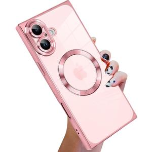 KANGHAR Phone Case Designed for iPhone 16 Magnetic Clear with Camera Lens Protector[Compatible with MagSafe] Luxury Cute Plating Design Full-Body Shockproof Protection Cover Pink