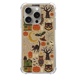 Qivtpjkrin Vintage Halloween Design Phone Case for iPhone 16 Pro, Hippie Cat Skull Pumpkin Pattern Cover for Girls Boys Women Men for iPhone 16 Pro, Unique Trendy TPU Bumper Cover Case