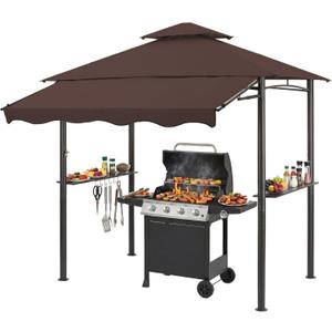 CHARMELEON 8x8 FT Grill Gazebo, Grill Canopy with Big Awning&2 Side Shelves&6 Hooks&Bottle Opener, Powder-Coated Steel BBQ Shelter for Patio Backyard Outdoor Grilling-Brown