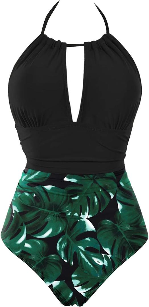 Eomenie Women's One Piece Swimsuits Tummy Control Halter Slimming Bathing Suit Plunge 1 Piece Swimsuit for Woman, 2XL