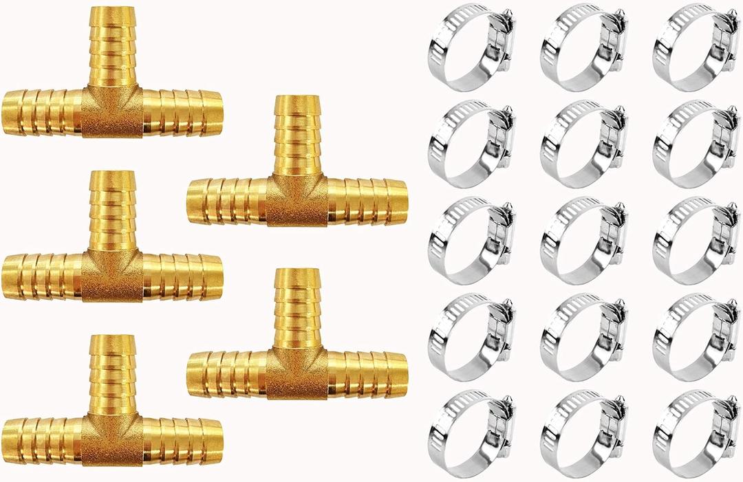 YOUHO 5PCS 5/8 Brass Hose Barb Tee, 3-Way Tee Hose Fitting (5/8" x 5/8" x 5/8" tee Hose Connector)(15pcs Included Hose clamp)