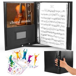 Choral Music Holder, Leather Sheet Music Folder Black, 3 Ring Binder with Handle and Strap for Choir Singer, Stage Performance, Fits Letter Size 8.5 x 11 inch