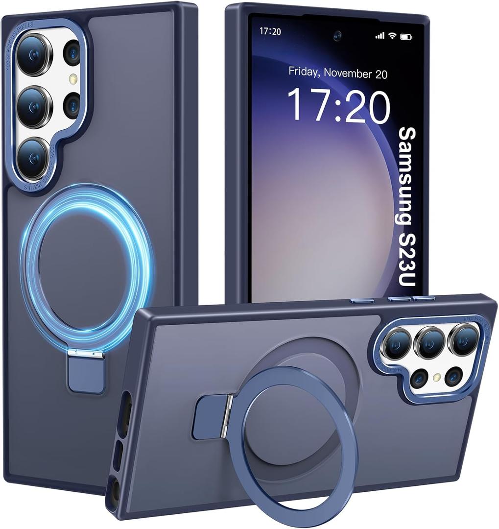 Compatible with Samsung Galaxy S23 Ultra Case with Magnetic Ring Stand, Military Drop Protection, Anti-Scratch/Anti-Fingerprint Translucent Matte Case for S23 Ultra (Dark Blue)