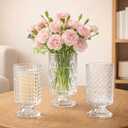 Set of 3 Embossed Glass Vase, Clear Vases for Flowers Centerpieces, 7'' Wide Mouth Pedestal Vase with Big Base, Cylinder Candle Holder Glass Bouquet Vases for Table, Wedding Home Decor