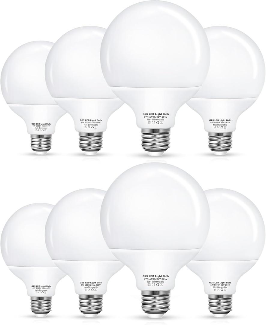 8 Pack G25 Vanity Light Bulb, LED Globe Bulbs for Bathroom Vanity Mirror, 60W Light Bulbs Equivalent, Brightness 5000K Daylight E26 Base Bulb, 6W LED for Round Makeup Mirror Lighting Non Dimmable