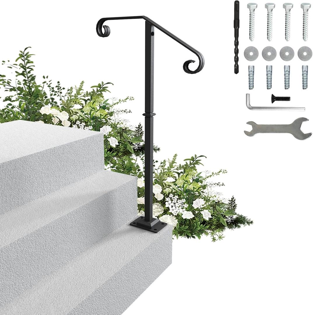 Handrails for Outdoor Steps-Single Post Wrought Iron Handrail for 1, 2 Step-Outdoor Stair Rail Handrails-38.9" H Black Wrought Iron Hand Rail Powder Coating for Concrete Steps or Wood Stairs