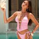 ZAFUL Halter Swimsuits for Women Textured Backless 2 Piece Bathing Suits Cheeky High Cut String Tie Side Bikini Sets (Pink, M)