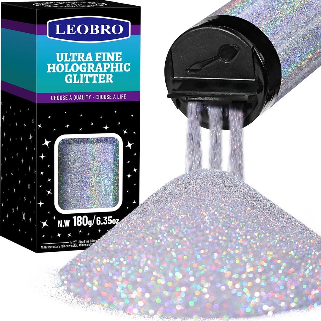 LEOBRO Silver Glitter, 180g/6.35oz Holographic Fine Glitter for Resin, Crafts, Tumblers, Nail Body, Holographic Diamond Silver