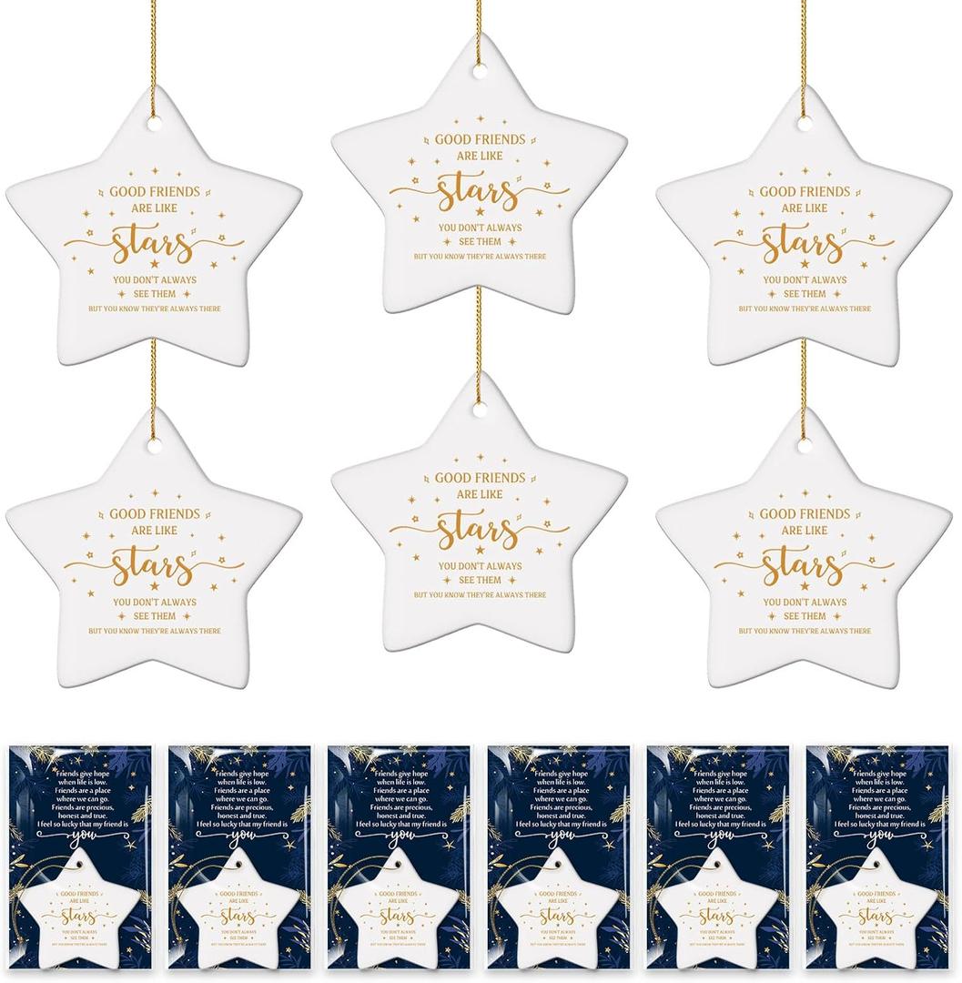 Syhood 6 Set Friendship Christmas Ornaments 2025 Good Friends are Like Stars Gifts with Cards OPP Bags Christmas Friendship Gifts for Women Best Friend Ornaments for Xmas Tree Decorations (Ceramic)