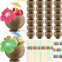 Fovths 24 Set Coconut Cups, 17 Oz Natural Coconut Shell Cups, Coconuts Shaped Tiki Cup with Straws Cocktail Umbrella Picks for Birthday Beach Pool Hawaiian Luau Party Decorations, Large