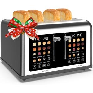 4 Slice Toaster Touch Screen, Stainless Steel Toasters Digital Timer, Dual Control Panel Toasters, 8 Shade Settings 6 Bread Types for Bagel, Cancel, Defrost 1650W Grey