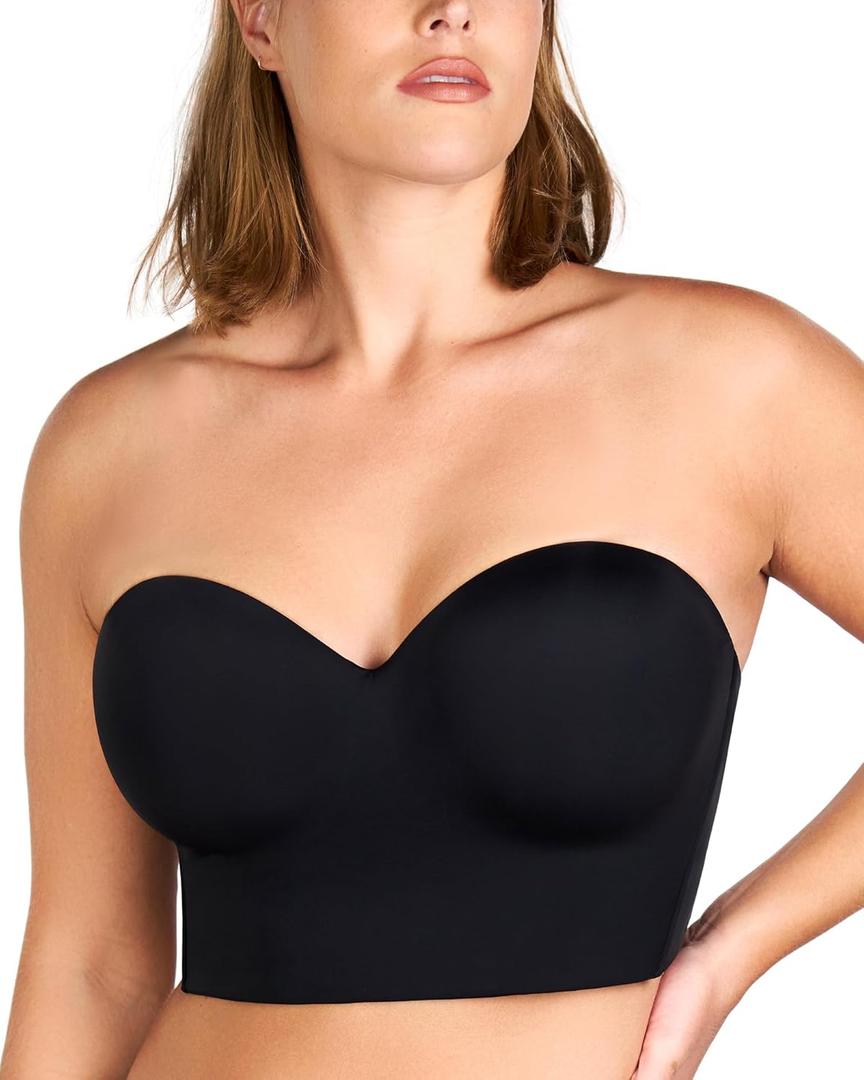 HSIA Longline Strapless Bra for Women, Anti-Slip Support Corset for Large Bust Convertible Bustier Bandeau for Big Breasts (Black) 36D