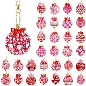 WILLBOND 30 Pcs Valentine's Day Diamond Painting Keychain Kits Pink Ball 5d DIY Diamond Art Pendants Double Sided Hanging Keychains Ornaments for Adults Valentine Party Decoration DIY