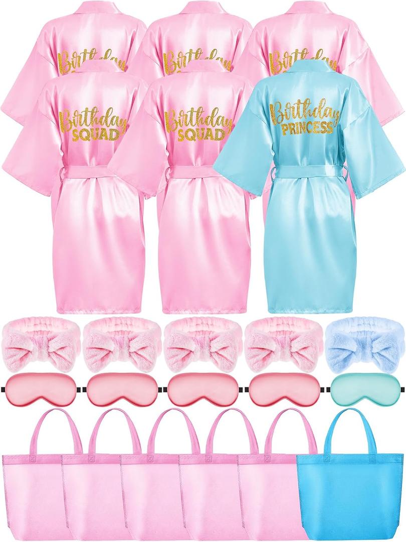 Sintuff Girls Spa Party Supplies 24 Pcs-6 Robes, 6 Headbands, 6 Eye Masks & 6 Tote Bags for Sleepover Slumber Birthday Party(Size 8,Sky Blue)