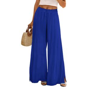 YESNO Women Summer Boho Palazzo Pants High Waist Wide Leg Floral Casual Cotton Lounge Trousers with Pockets L PP0 Solid Royal Blue