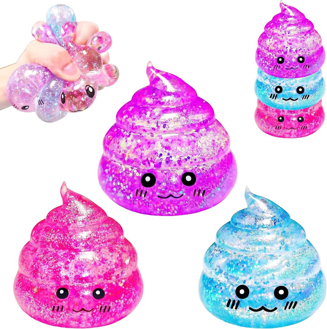 3 Pack Novelty Squishy Poop Stress Balls, 3 Colors Glitter Poops Sensory Joke Prank Toys Anxiety Relief Squeeze Fidget Toy Funny Poop Shape Autism Toy for Adults Teens Kids Party Favor (Purple/Blue/Pink)