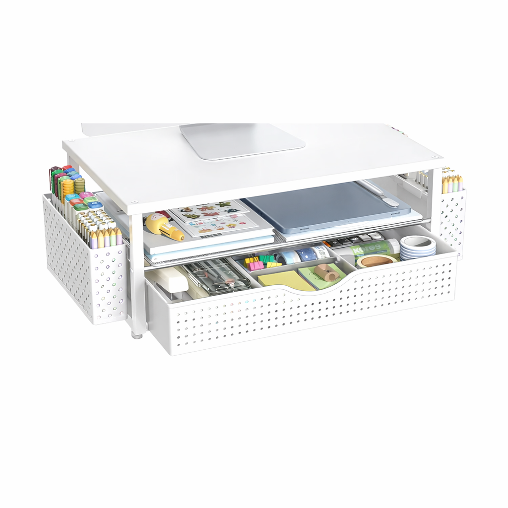 Spacrea Desk Organizer and Accessories, Computer Monitor Stand Riser with Drawer and 2 Pen Holders, Office Desk Accessories & Workspace Organizers for Office Supplies - White