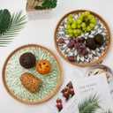 Round Rattan Tray with Mother of Pearl Inlay, Decorative Wicker Serving Tray with Wooden Base, Woven Basket Trays for Bread Fruits Coffee, Leaf