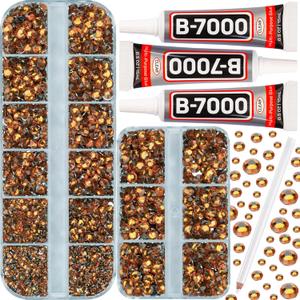 7500Pcs Burnt Orange Rhinestones Flatback with b7000 Glue for Crafts Clothing Clothes Crafting Shoes Fabric, Rinestones Bedazzle Gems Bulk, Flat Back Crystals Diamonds Kit 2-5mm Assorted Sizes (Small Pack + 3pcs Glue)