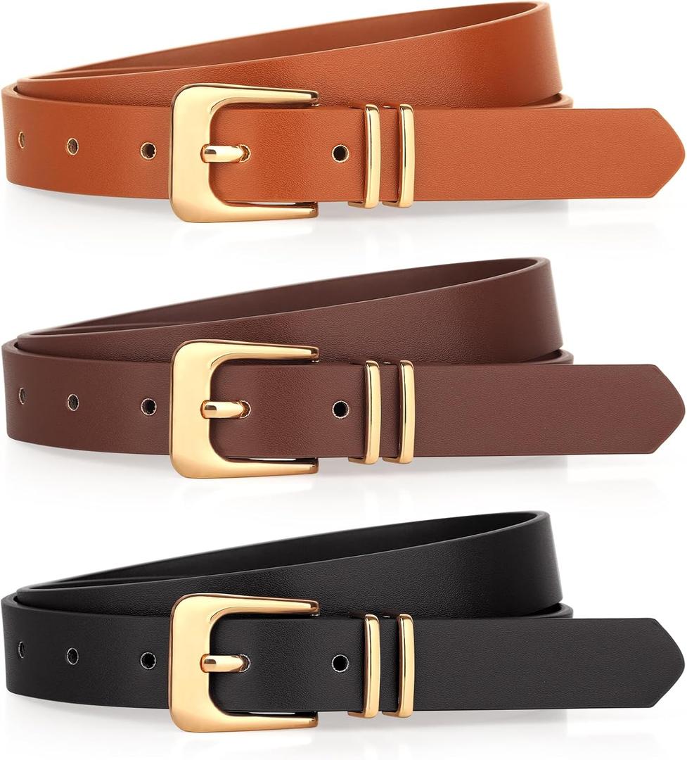 Monoluxe Pack 3 Womens Belts for Jeans Pants, Ladies Girls Leather Belts with Gold Sliver Buckle (Black/Brown/Coffee(gold Buckle))