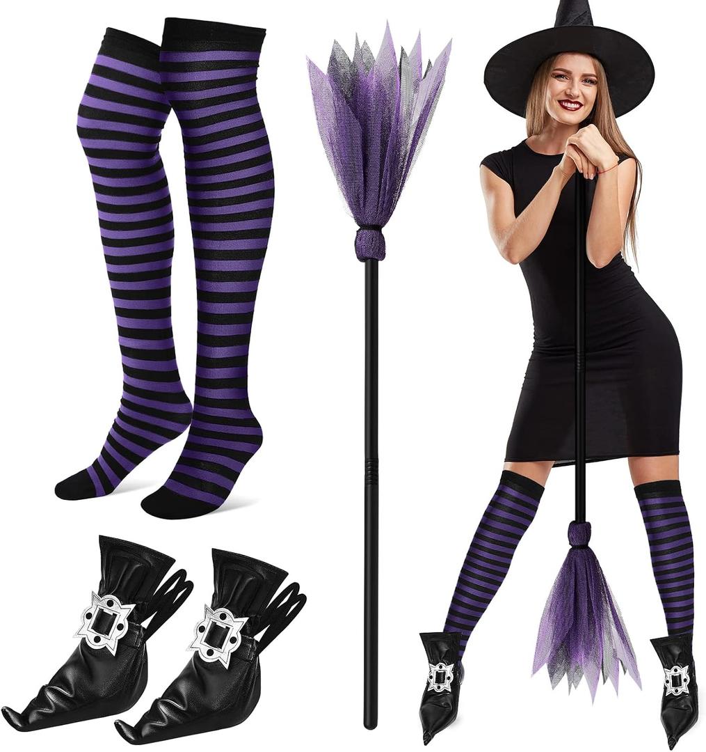 Vicenpal 3 Pcs Halloween Witch Costume Accessories Witch Broom Shoe Covers Socks Broomstick for Women Cosplay Party