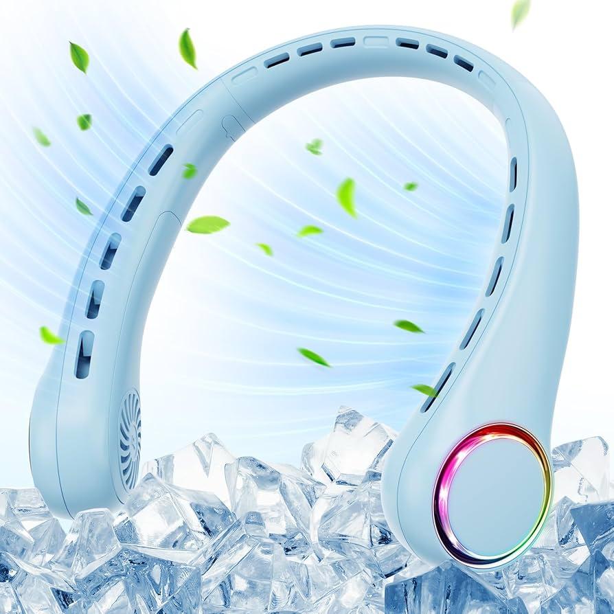 Neck Fan - 360° Cooling Portable Fan with LED Light, Super Quiet Wearable Personal Fan, Summer Essentials & Must Haves Travel Fan for Home Office Travel Beach, Gifts for Men Women Light Blue 