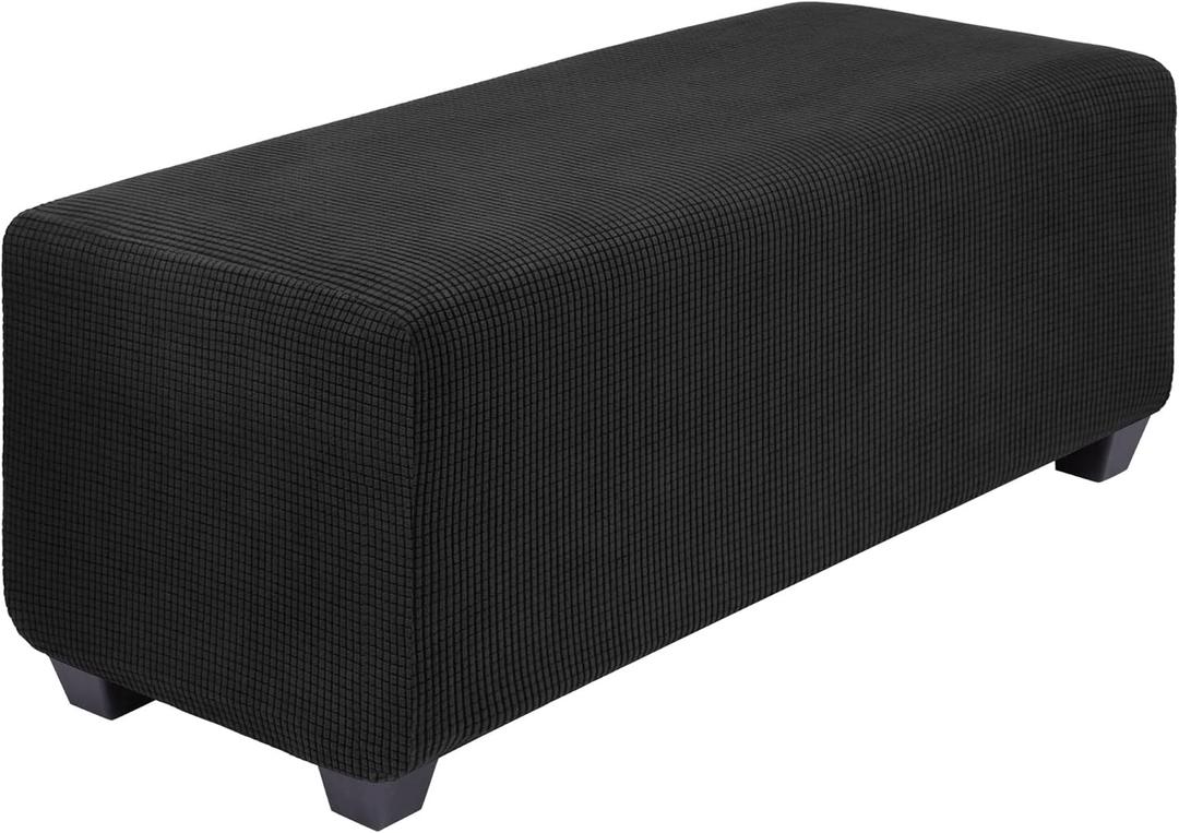 PiccoCasa High Stretch Ottoman Cover with Elastic Bottom, Soft Slipcover Jacquard Fabric Small Checks Rectangle Storage Stool Cover Furniture Covers XLarge Black