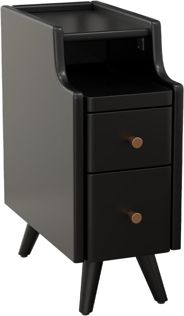 Small Nightstand with Drawers, Solid Wood Bedside Table, Narrow BlackNightstand for Bedroom (8")
