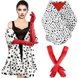 Halloween Costume Women, Halloween Costume for Women with Dalmatian Shawl Coat, 1920s Red Gloves and Long Plastic Holder