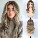 20 Inch Synthetic Lace Front Wig for Women 13x4 Lace Glueless Wavy Ash Brown Wig with Beach Blonde Highlights Pre-Plucked Natural Hairline Heat-Resistant Long Wavy Wig for Realistic Look