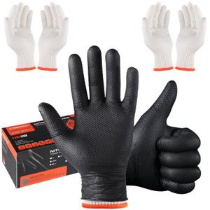 ANBOSON BBQ Gloves for Grilling Disposable Heat Resistant - 100 Nitrile Gloves + 4 Reusable Cotton Liners for Barbecue Smoker, Cooking Hot Meat - 10Mil Thick, Non-Slip Grip - Black Large