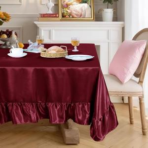 Ersmak Satin Ruffle Edge Tablecloth - Burgundy Satin Table Cover 60 x 84 Inch Rectangle Bright Silk Table Cloth for Weddings, Banquets, or Home Dining