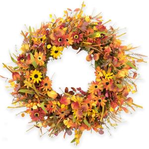 JINGHONG 28 Inch Large Fall Wreaths for Front Door Artificial Fall Wreath Floral Autumn Wreath with Colorful Daisies Fall Foliage for Indoor Outside Door Harvest Festival Thanksgiving Day Celebration