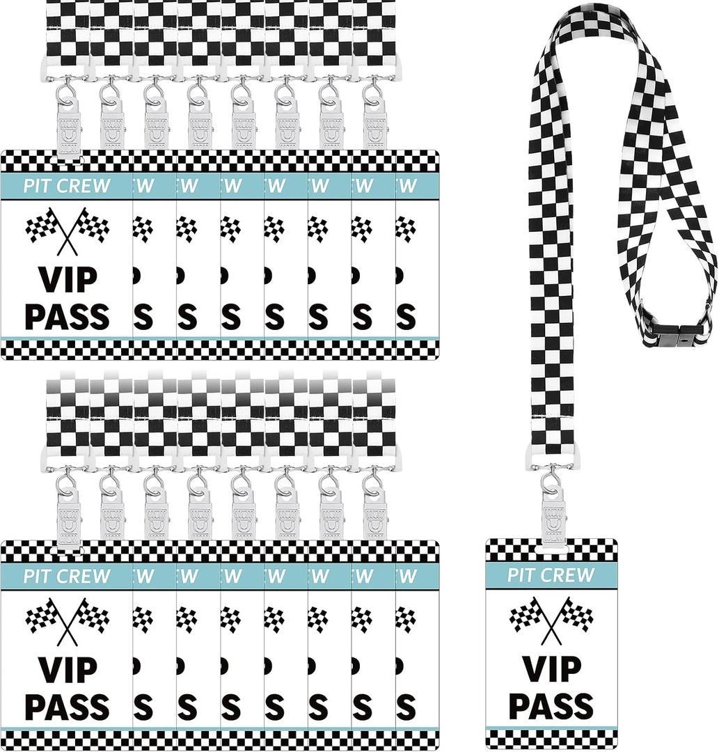 MotiMind 30 Sets Vintage Racing VIP Pass Cards with Checkered Racing Lanyards Bulk PVC Retro Vintage VIP Pass Cards with White and Black Lanyards for Race Car Birthday Party Fast One Party Supplies