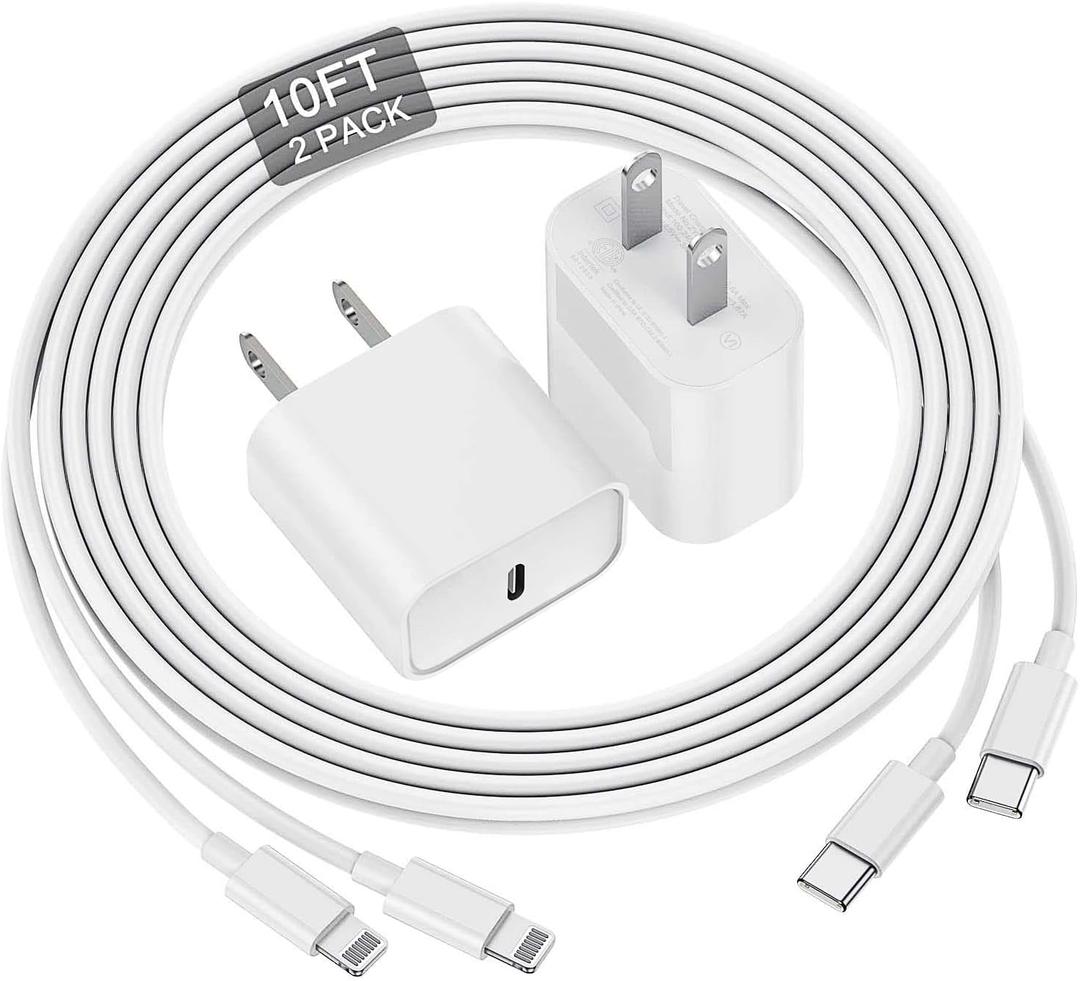 for iPhone Charger Fast Charging 10 Ft, 20W USB C Rapid Phone Charger Block with Long USB C to Lighting Cable 10 Foot, Compatible with iPhone 14 Pro/13 Pro Max/12/11Pro/Mini/SE, 2 Pack - White (White)
