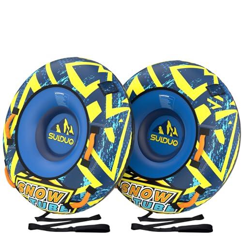 SULDUO 47''Heavy Duty Snow Tube with Premium Canvas Cover and 4 Foam Filled Handles, 2 Pack Inflatable Snow Sled for Kids and Adult, Thickened Hard Bottom Snow Tubes for Winter Outdoor Fun Sledding