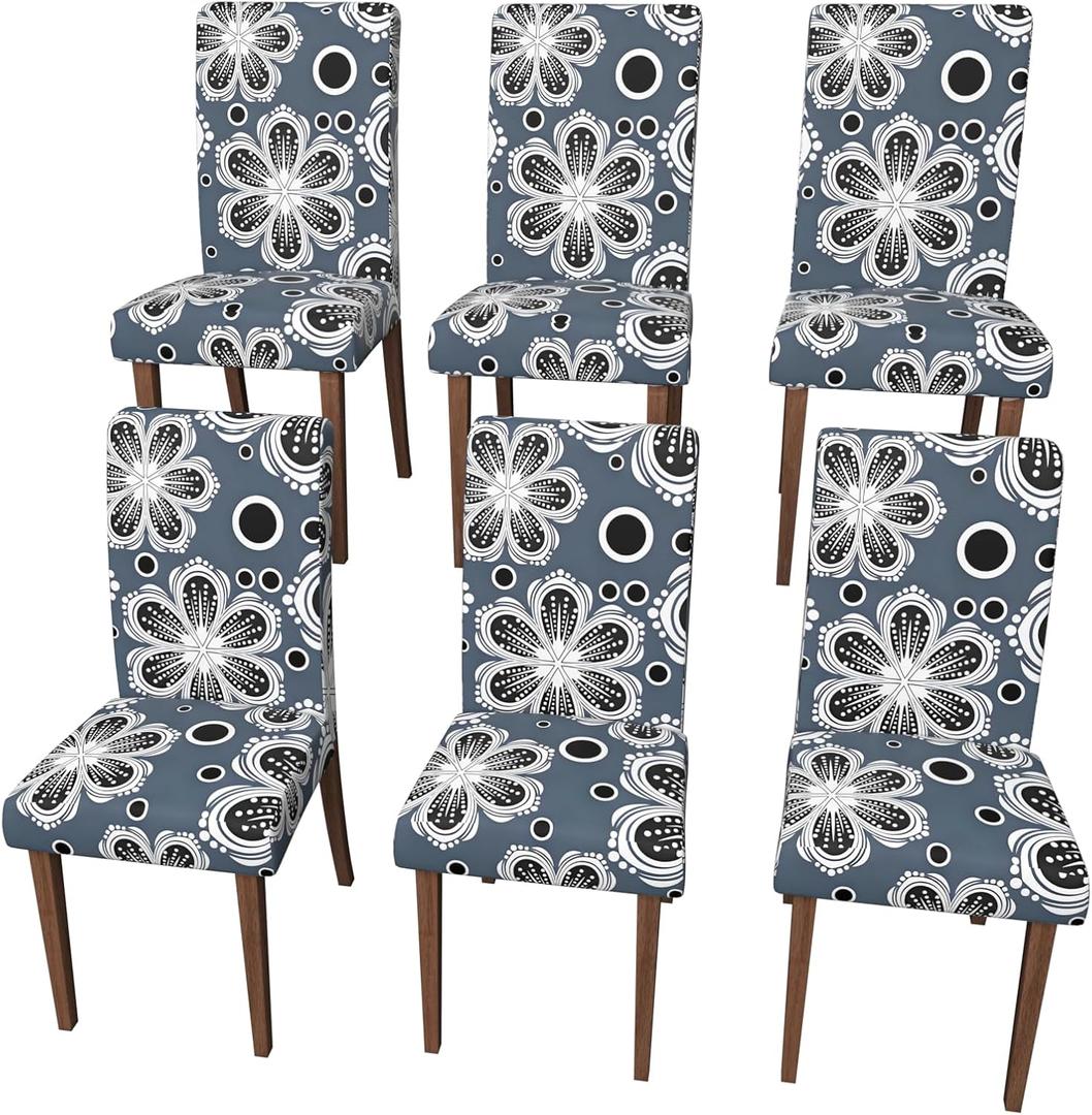 Stretch Dining Chair Covers Set of 6,Floral Print Chair Covers,Soft Removable Washable,Pet Friendly Furniture Protector,Universal Chair Slipcovers for Home, Kitchen,Ceremony Dining Room Seat (Gray Eight-petaled Flowers)