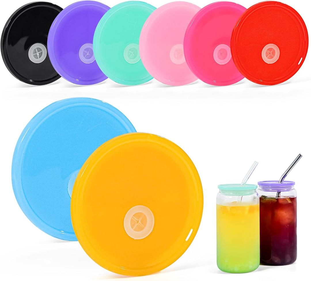 8 Pcs Acrylic Lids for 16 oz Glass Cups Plastic Tumbler Replacement Lids Spill Proof Reusable Glass Cup Lid for Beer Can Iced Coffee Cups Drinking Glasses - Multi-Colored
