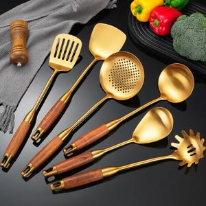 Gold Kitchen Utensils Set with Wooden Handle, 6 PCS Professional Stainless Steel Cooking Utensils Set, Wok Spatula, Ladle, Skimmer, Slotted Spatula Turner, Spaghetti Spoon, Large Spoon