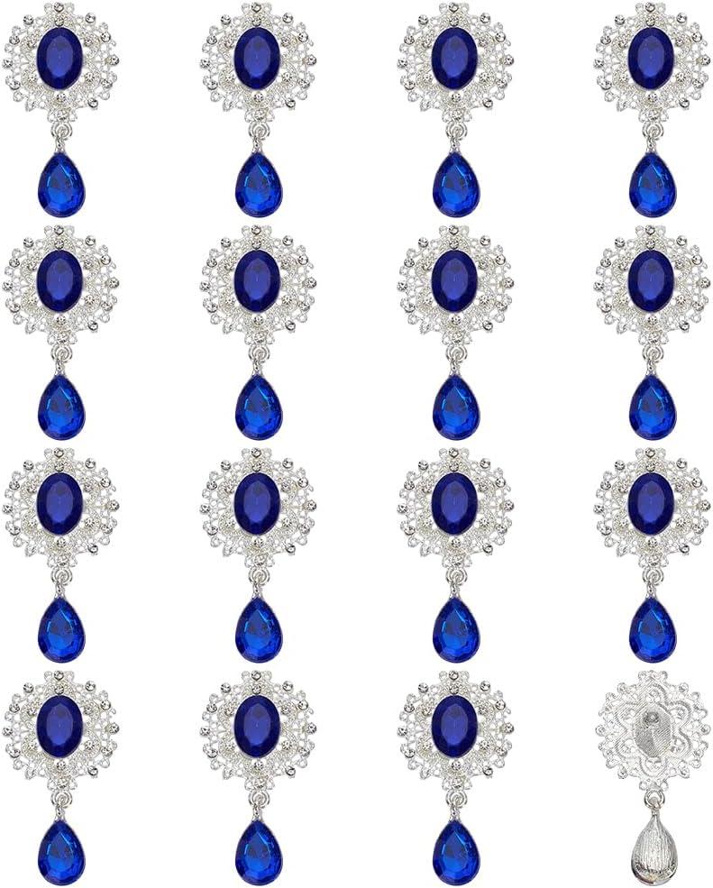 FINGERINSPIRE 16 Pcs Alloy Rhinestone Brooch Buttons Rhombic Pendant 1.9x1Inch Oval Capri Blue Faceted Teardrop Charm Pendant for DIY Ornaments Clothing Decoration Accessories