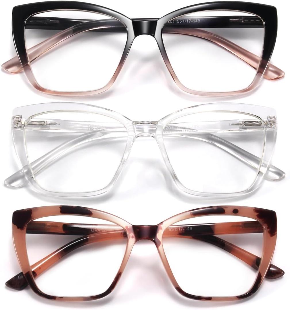 Reading Glasses for Women, 3 pack Fashion Oversized Blue Light Readers for Women, Spring Hinge Cat Eye Glasses Anti Eyestrain (B1 Blackpink Transparent Pink, 1.00)