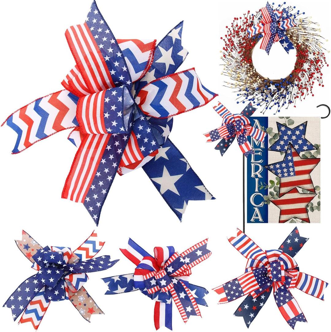 4 Pcs Patriotic Wreath Bows 10 x 12 4th of July Red White Blue Stripe Stars Wired Ribbon America Flag Bows for Independence Day Indoor Outdoor Tree Topper Wreath Home Decor