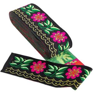 GORGECRAFT 7 Yards 2inch Jacquard Ribbon Daisy Leaves on Waves Fabric Trim Fringe Floral Embroidered Woven Trim for Embellishment Craft Supplies Garment Accessories, Black